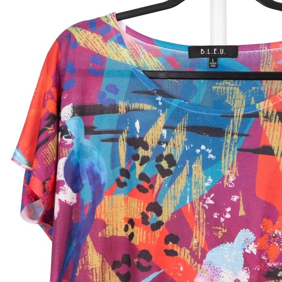 B.L.E.U. Shirt L Womens Multicolor Floral Bird Boxy Loose Fit Gems Elastic Waist - Picture 2 of 5